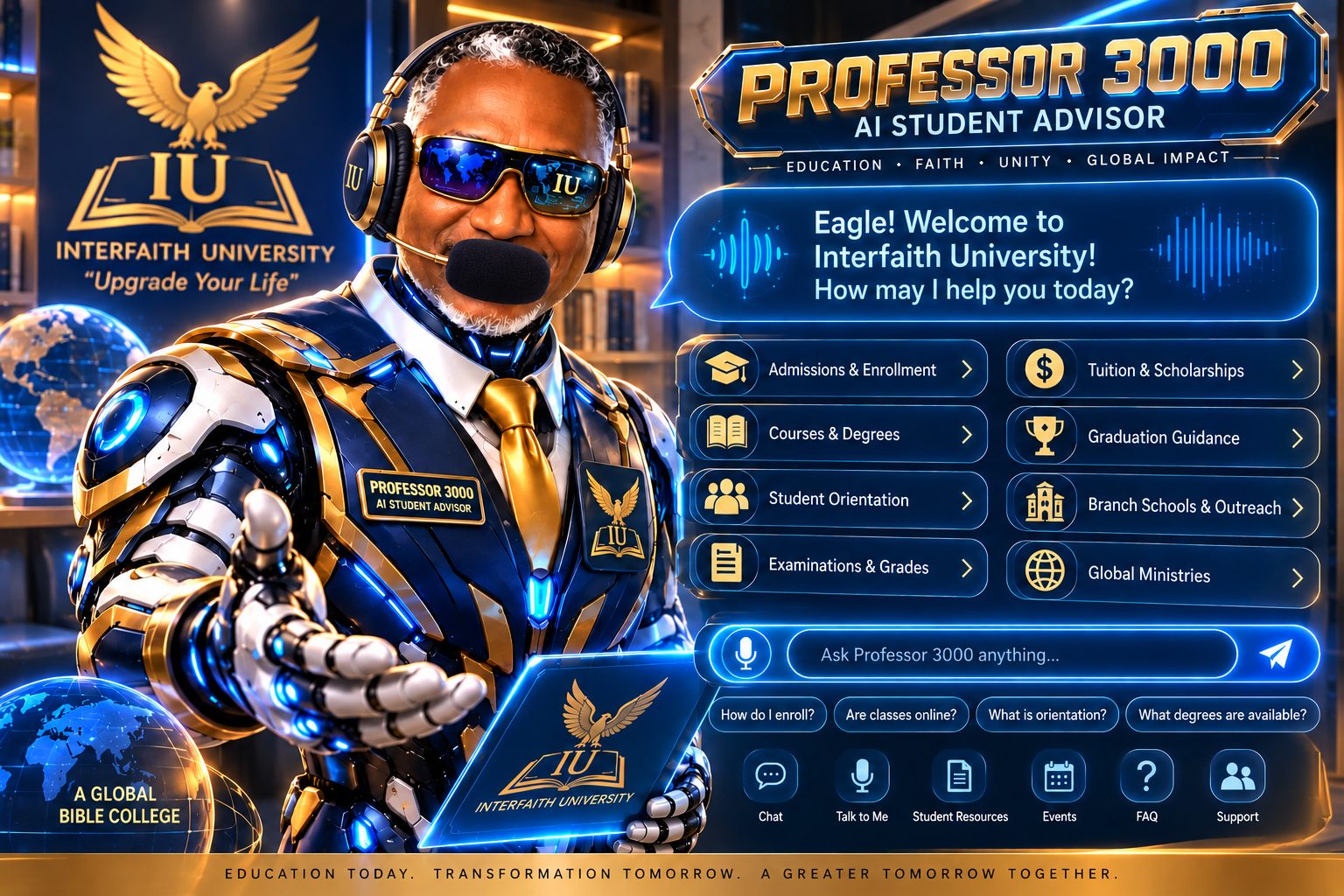 Professor 3000, a realistic humanoid university advisor wearing solar glasses and a headset with a microphone screen, and navy and gold robotic academic attire